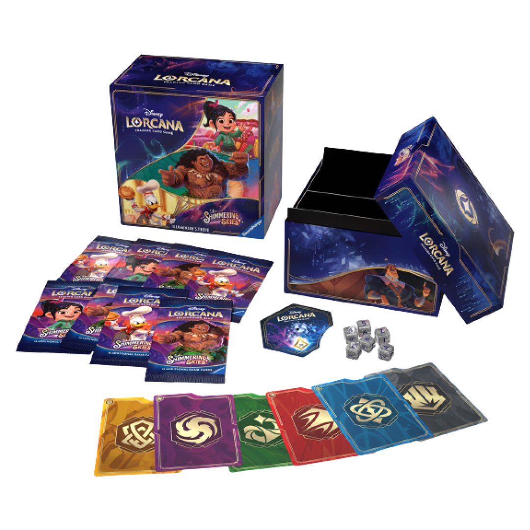 Contents of the Lorcana Shimmering Skies Illumineer's Trove, featuring booster packs, storage box, tokens, and Disney character cards.