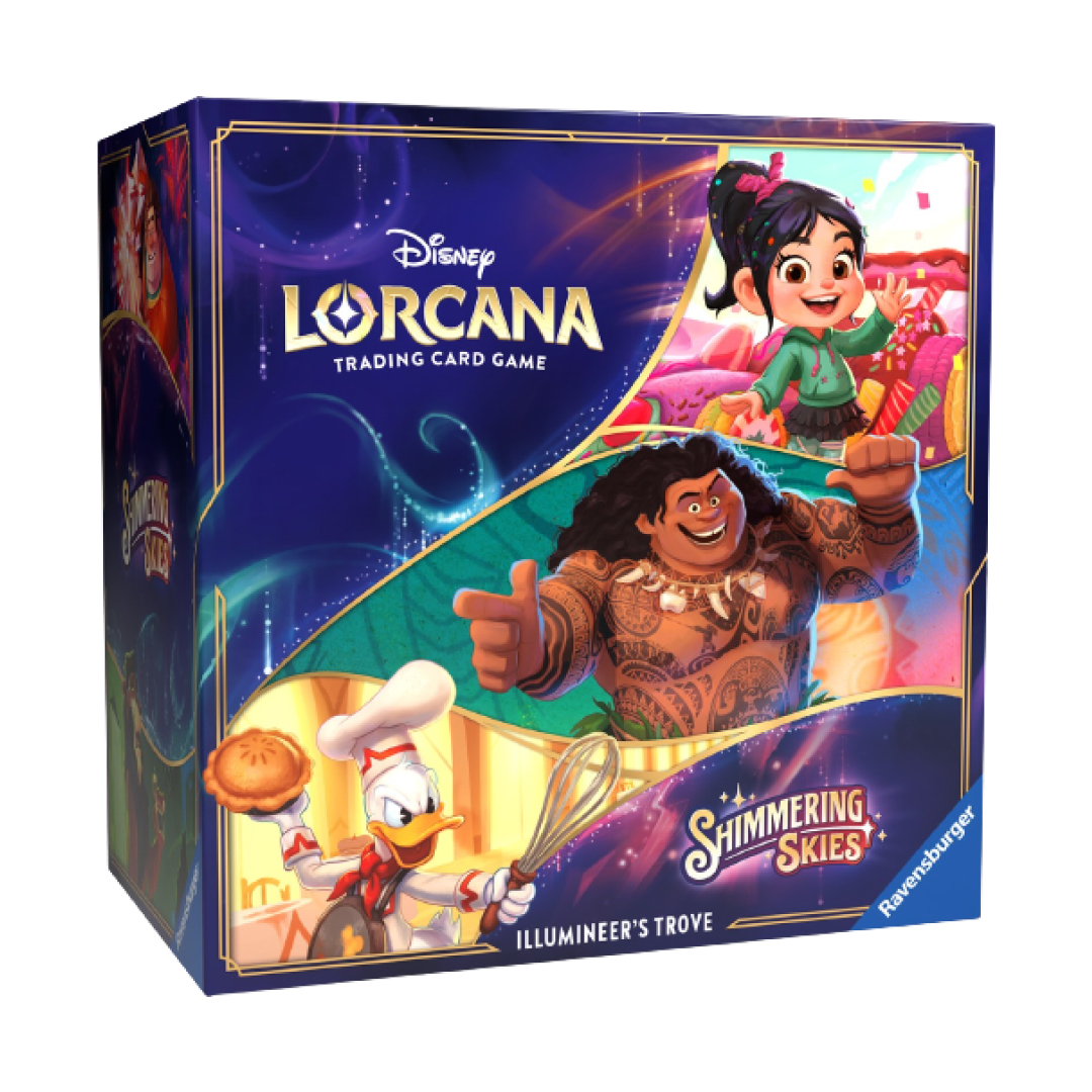 Box of Lorcana Shimmering Skies Illumineer's Trove, showcasing Disney characters Vanellope, Maui, and Donald Duck on the cover.