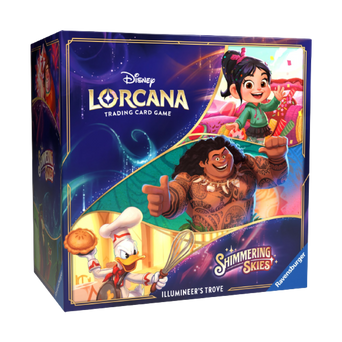 Box of Lorcana Shimmering Skies Illumineer's Trove, showcasing Disney characters Vanellope, Maui, and Donald Duck on the cover.