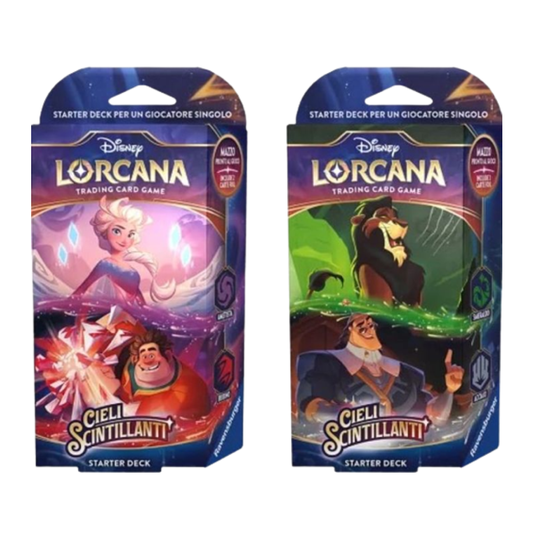Due Starter Deck di Lorcana: Cieli Scintillanti, uno con Elsa e Ralph Spaccatutto, l'altro con Scar e Ratcliffe.