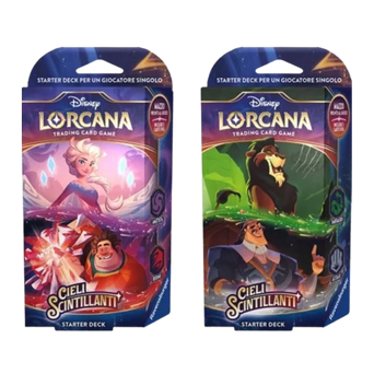 Due Starter Deck di Lorcana: Cieli Scintillanti, uno con Elsa e Ralph Spaccatutto, l'altro con Scar e Ratcliffe.