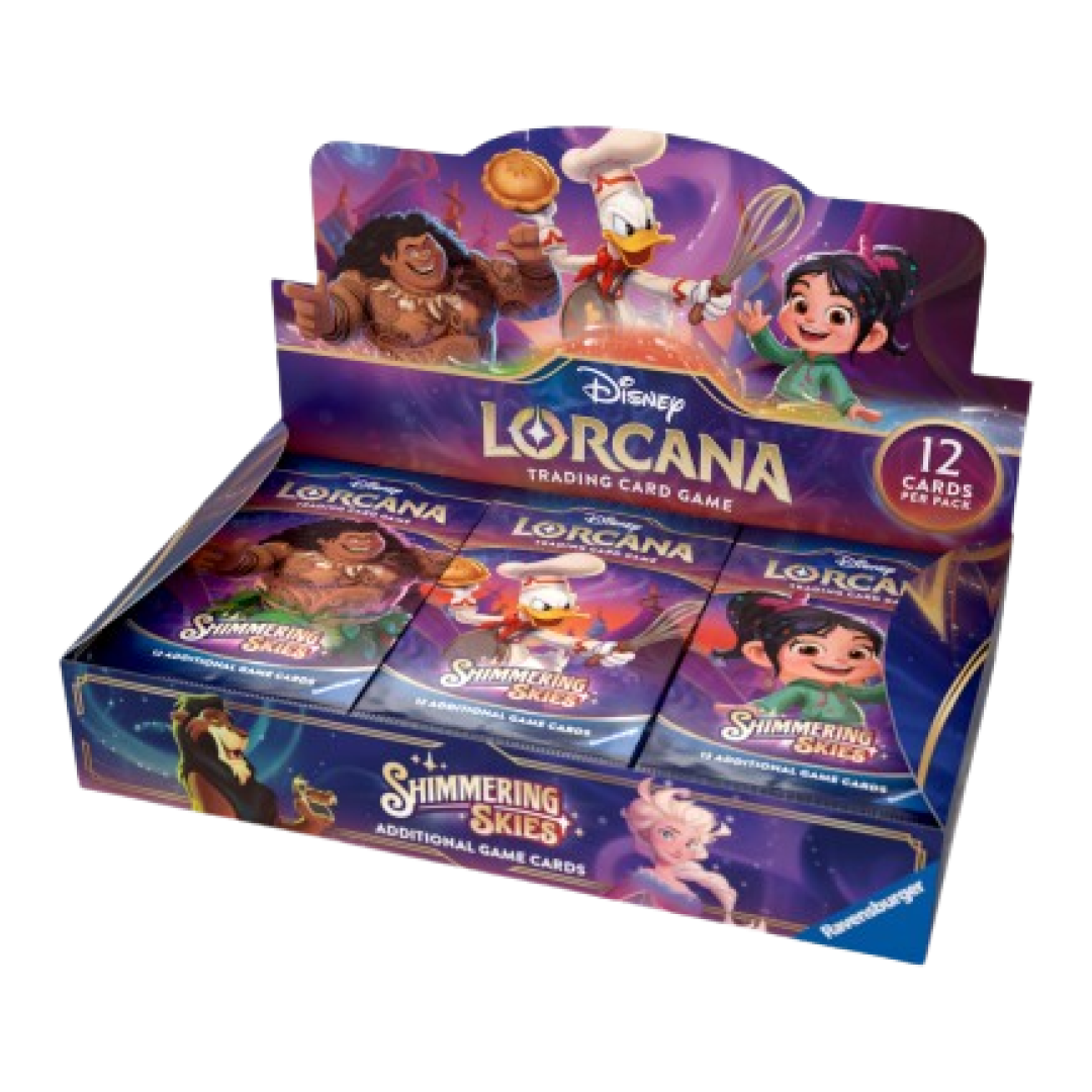 Display di Lorcana: Shimmering Skies contenente 24 buste di carte, con immagini di Vanellope, Maui, Paperino, e altri personaggi Disney.