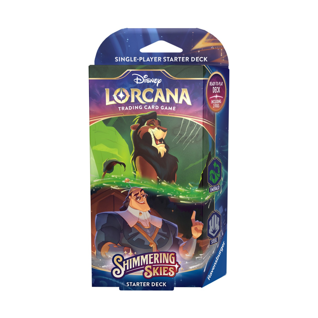 Starter Deck of Lorcana: Shimmering Skies featuring Scar and Ratcliffe on the packaging.