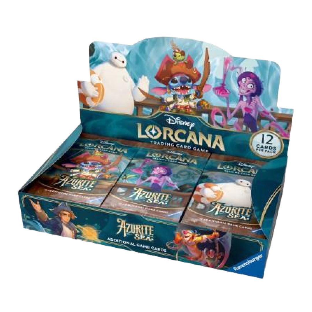 Disney Lorcana Azurite Sea Display Booster Pack aperto con illustrazioni di Stitch, Baymax e Yzma