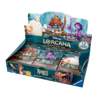 Disney Lorcana Azurite Sea Display Booster Pack aperto con illustrazioni di Stitch, Baymax e Yzma