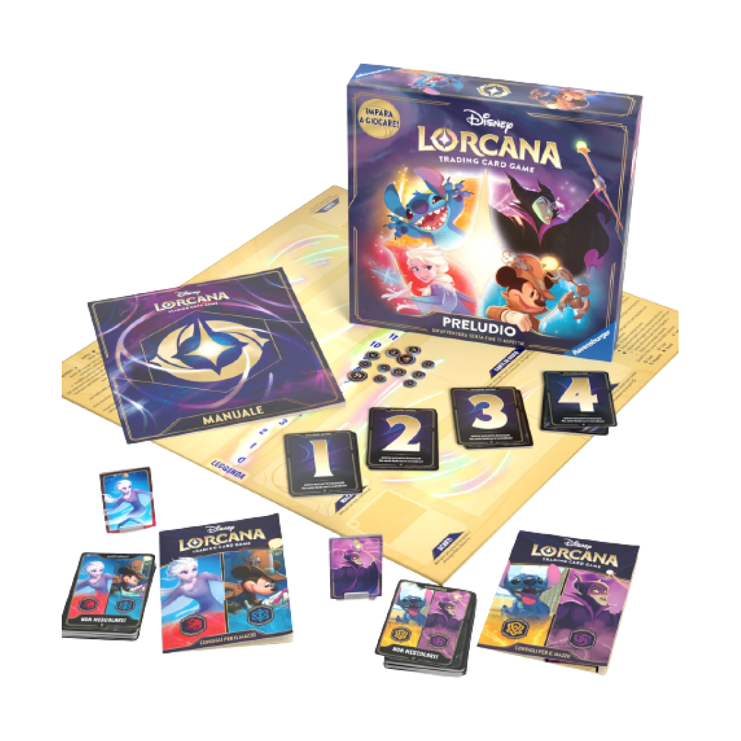 Contenuto del set Lorcana: Preludio - Cieli Scintillanti, con carte, segnalini e manuale di gioco.
