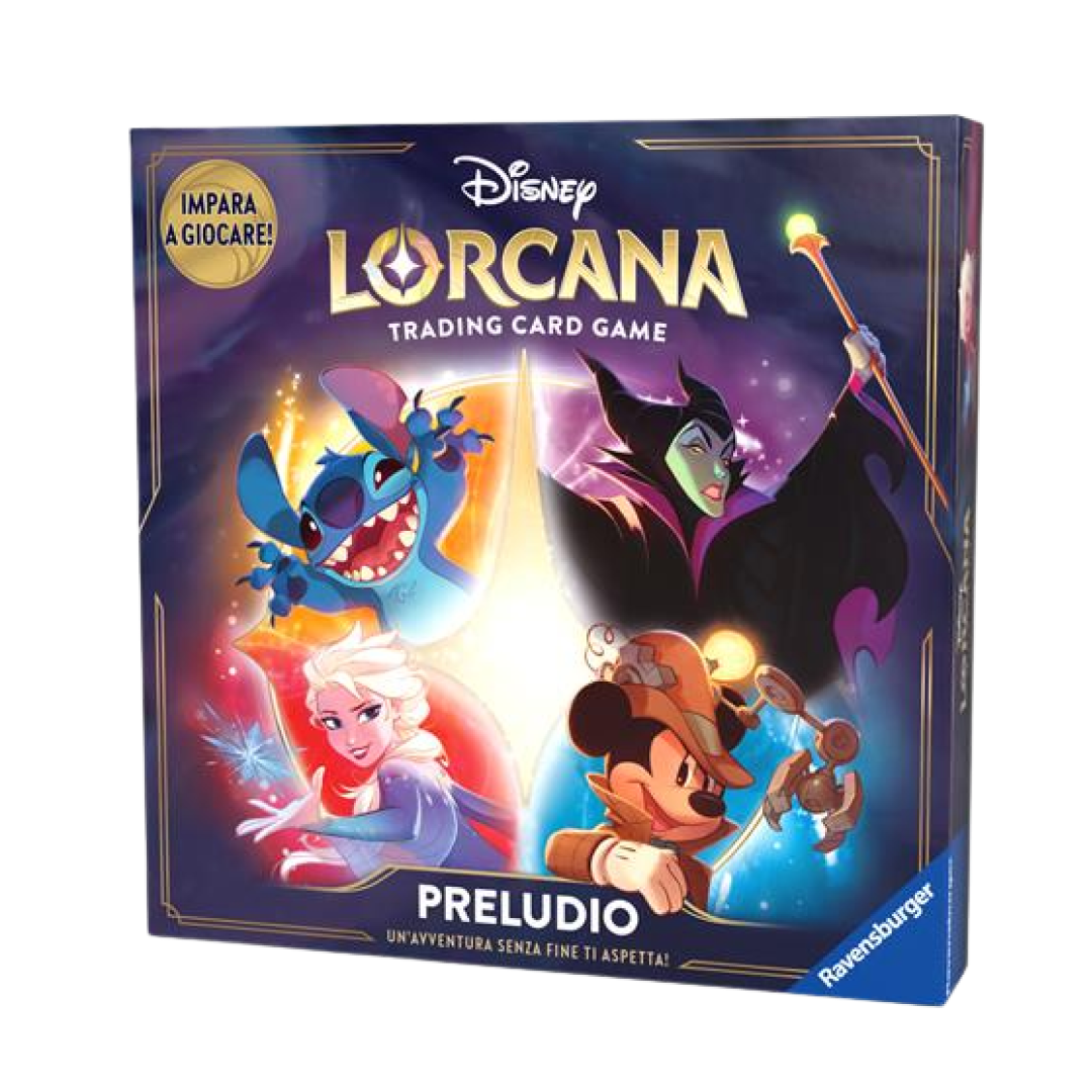 Scatola di Lorcana: Preludio - Cieli Scintillanti con illustrazioni di personaggi Disney come Stitch, Elsa, Malefica e Topolino.