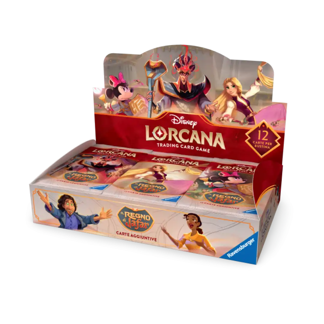 Display 24 buste Disney Lorcana Il Regno di Jafar in italiano, con artwork di Jafar, Minnie e Rapunzel