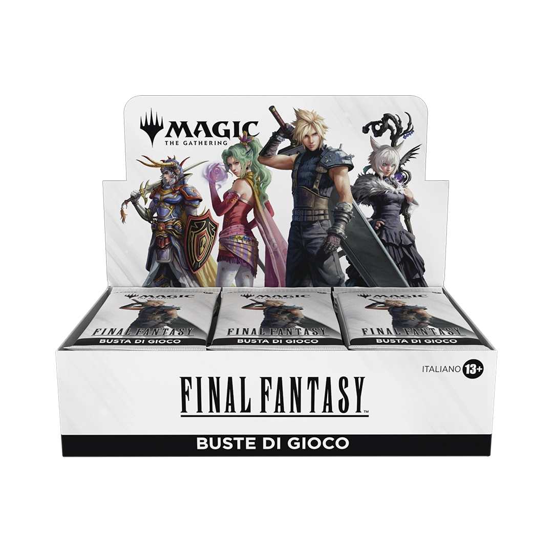 Box Final Fantasy - Play Booster Display da 30 buste per Magic: The Gathering. Include 14 carte per busta con possibilità di carte foil e rare mitiche.
