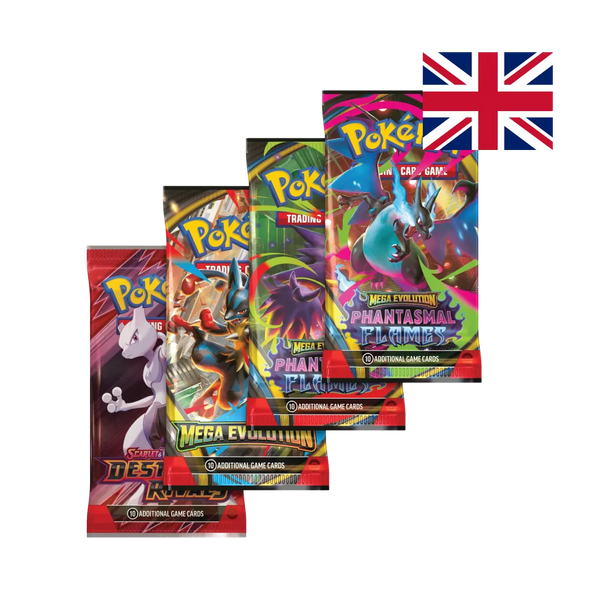 Set di 2 Tin collezionabili ogni una con 1 carta promo foil di Mega Charizard X ex o Mega Charizard Y ex, 4 bustine Pokémon TCG assortite (2x Phantasmal Flames, 1x Mega Evolution, 1x Destined Rivals) e 1 codice digitale.