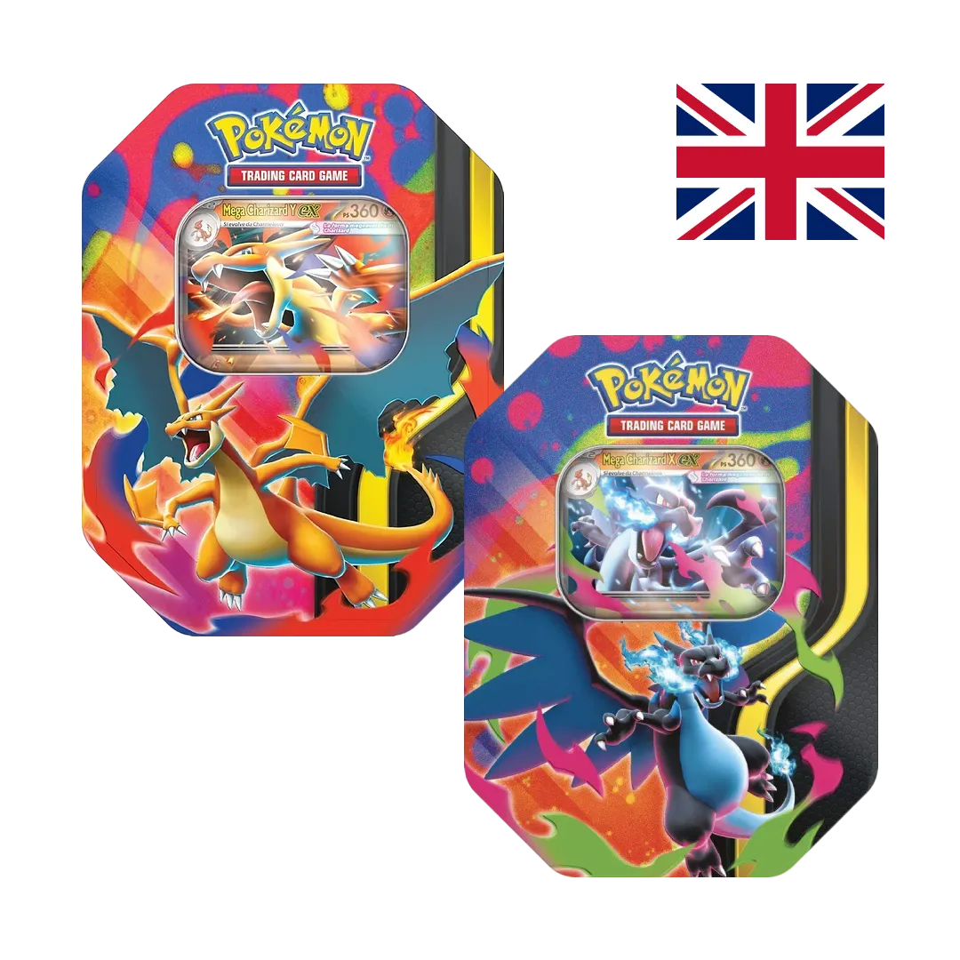 Set di 2 Tin collezionabili ogni una con 1 carta promo foil di Mega Charizard X ex o Mega Charizard Y ex, 4 bustine Pokémon TCG assortite (2x Phantasmal Flames, 1x Mega Evolution, 1x Destined Rivals) e 1 codice digitale.