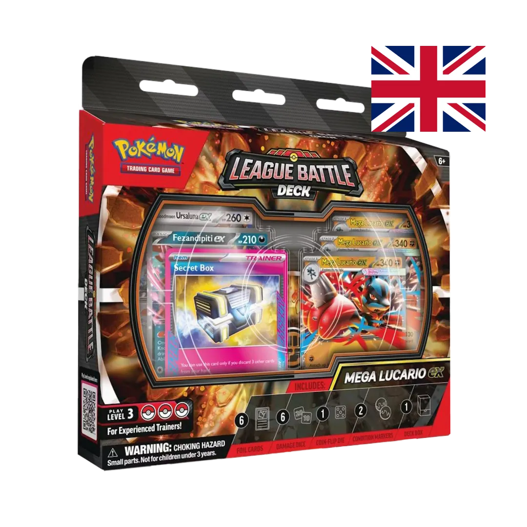 Mega Lucario ex League Battle Deck Pokémon TCG box in English, with the Mega Lucario ex card shown in the window