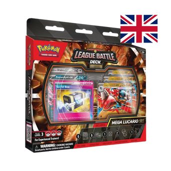 Mega Lucario ex League Battle Deck Pokémon TCG box in English, with the Mega Lucario ex card shown in the window