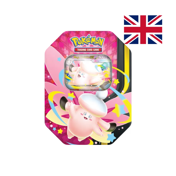 Collector Tin Mega Clefable-ex della linea Moonlit Pokémon TCG, scatola in metallo con finestra