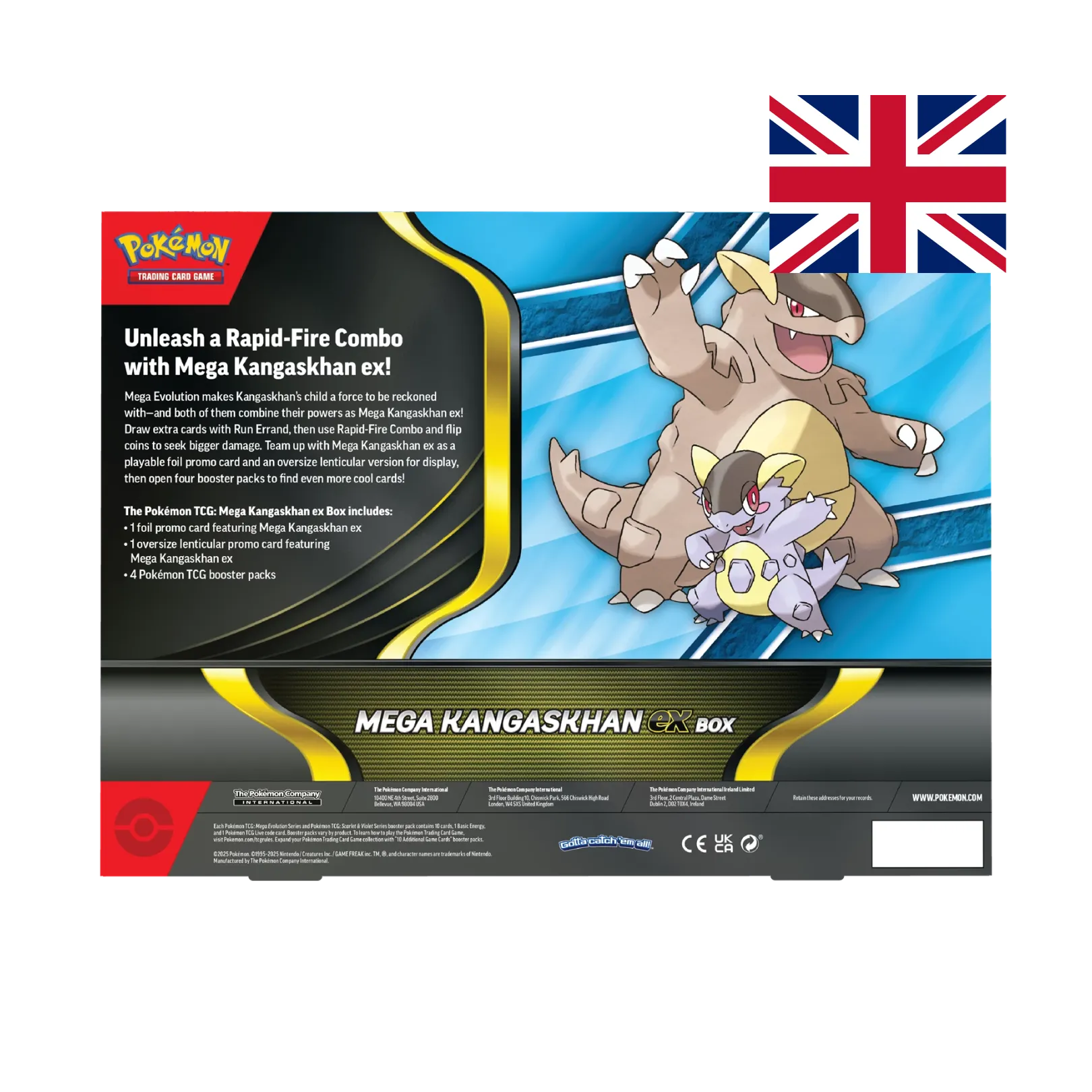 Retro confezione Mega Kangaskhan-ex Box con descrizione meccanica Rapid-Fire Combo e 4 buste espansione GCC Pokémon