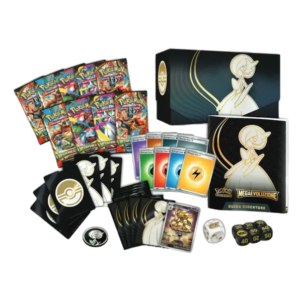 Contenuto del Set Allenatore Fuoriclasse di Mega Gardevoir EX con bustine di espansione, bustine protettive, energie e tantissimi accessori per il GCC Pokemon.