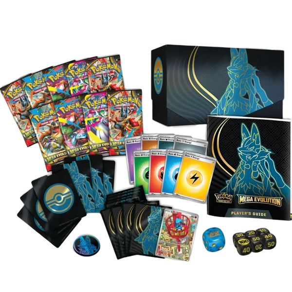 Contenuto del Set Allenatore Fuoriclasse di Mega Lucario EX con bustine di espansione, bustine protettive, energie e tantissimi accessori per il GCC Pokemon.