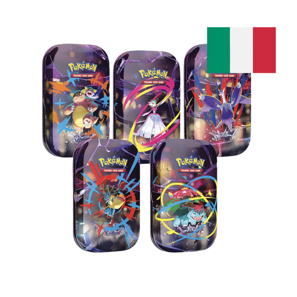 Collezione di cinque diversi mini tin Pokémon che mostrano vari Pokémon leggendari e potenti