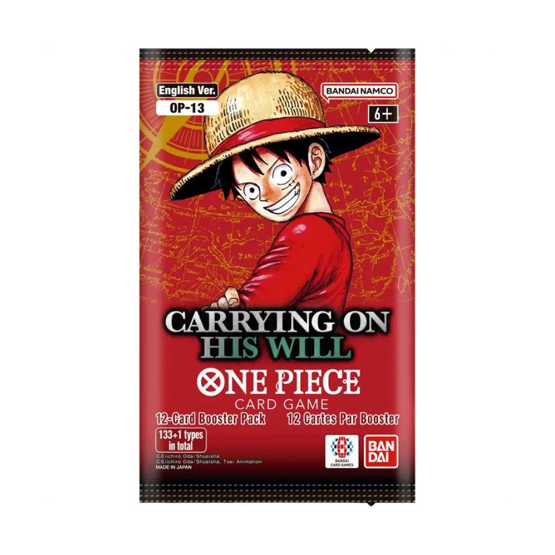 Bustina singola OP13 Carrying on His Will One Piece TCG con Luffy artwork esclusivo, 12 carte per booster pack versione inglese