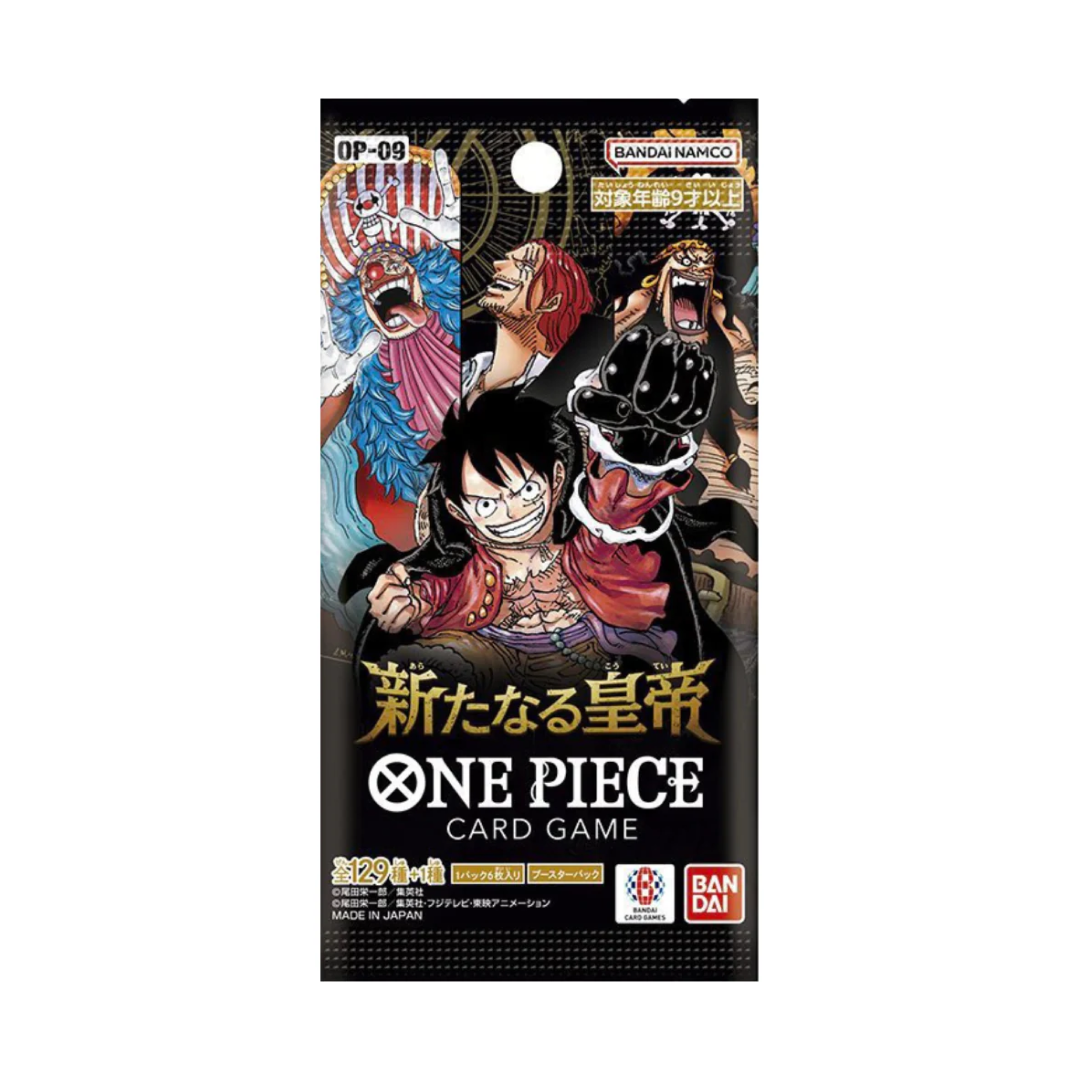 Booster pack singolo dell'espansione OP09 Four Emperors di One Piece Card Game, raffigurante Luffy e i Quattro Imperatori.