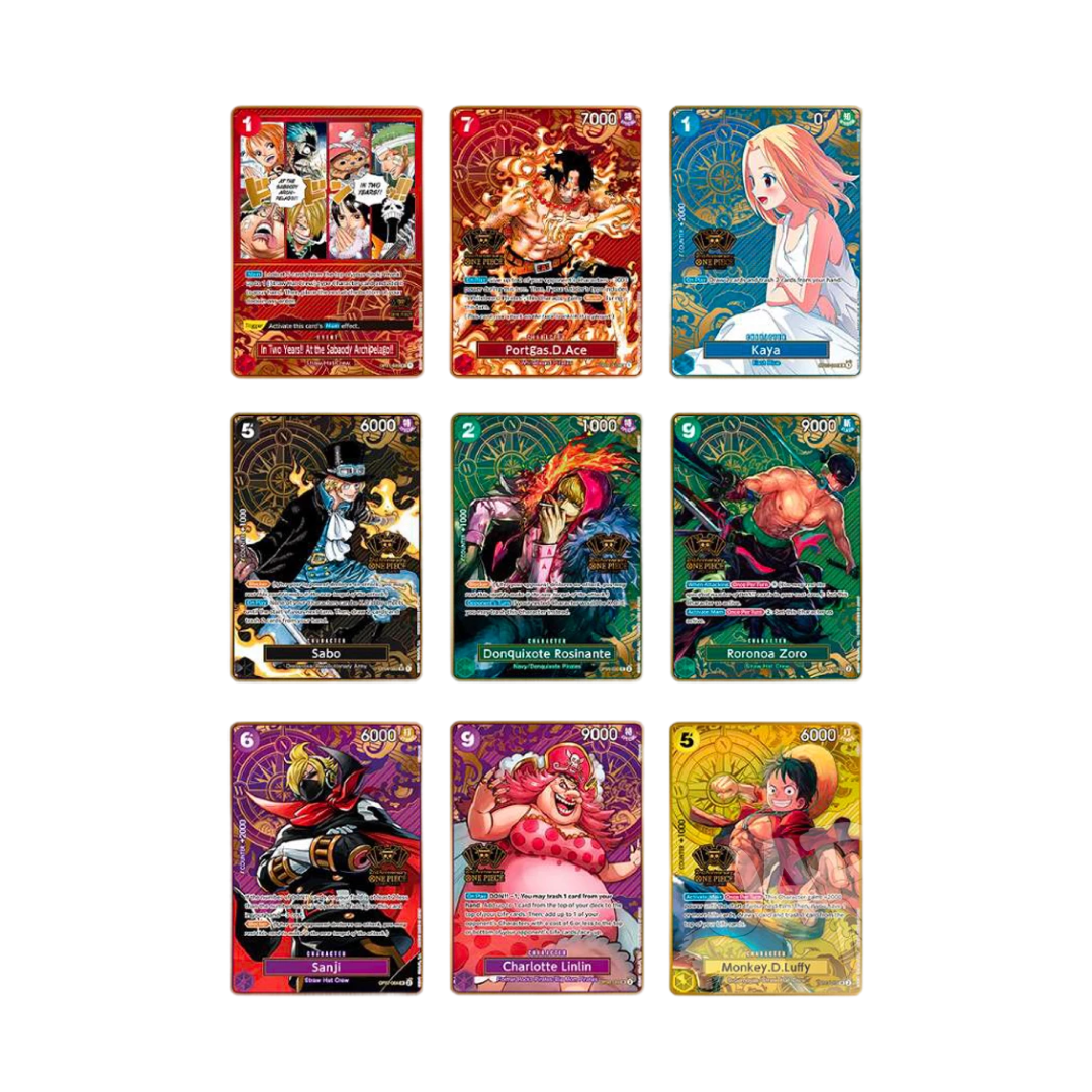 Set di carte speciali incluse nel 2nd Anniversary Set con personaggi iconici come Ace, Zoro e Sabo.