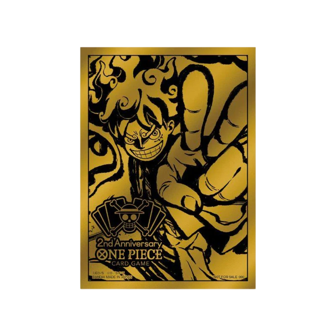 Carta esclusiva dorata di Monkey D. Luffy con design celebrativo per il secondo anniversario del gioco di carte One Piece.