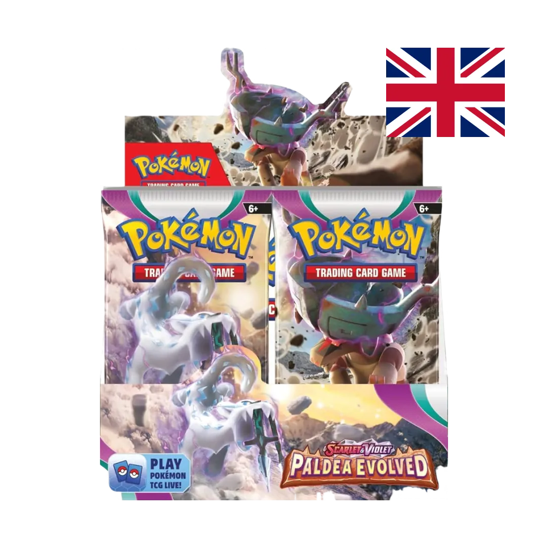 Pokemon Paldea Evolved Booster Box aperto mostra bustine interne e logo Play Pokemon TCG Live