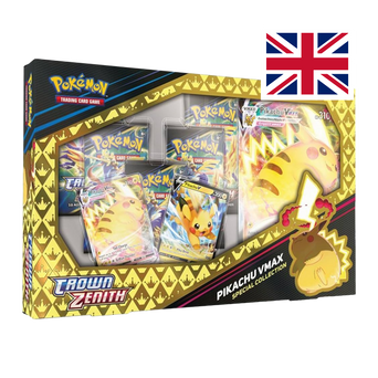 Special collection box for Pokémon TCG Crown Zenith featuring Pikachu VMAX and Pikachu V cards, booster packs, and premium packaging with the UK flag indicating English language content.
