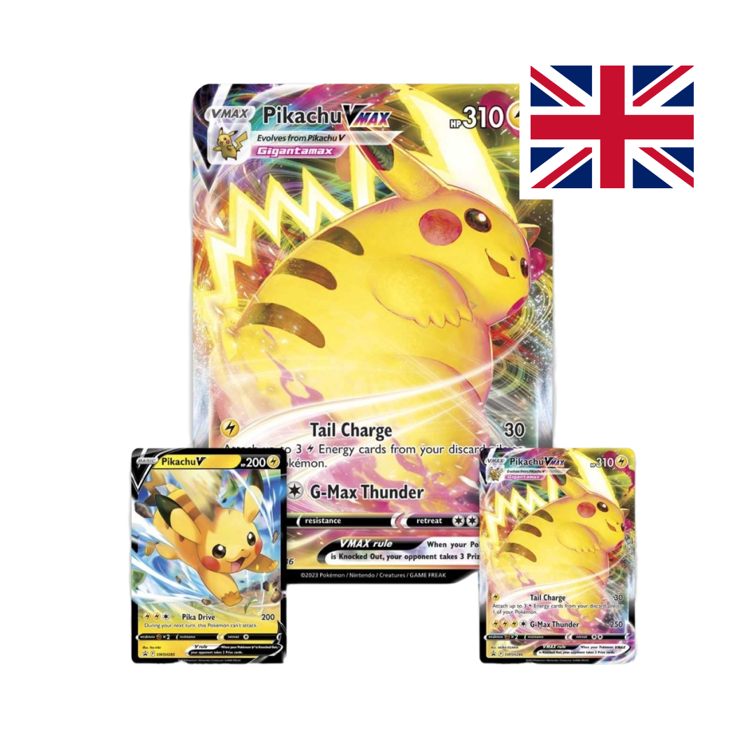 Pikachu VMAX trading card featuring vibrant artwork and details from the Pokémon TCG Crown Zenith set, with the UK flag indicating English language content.