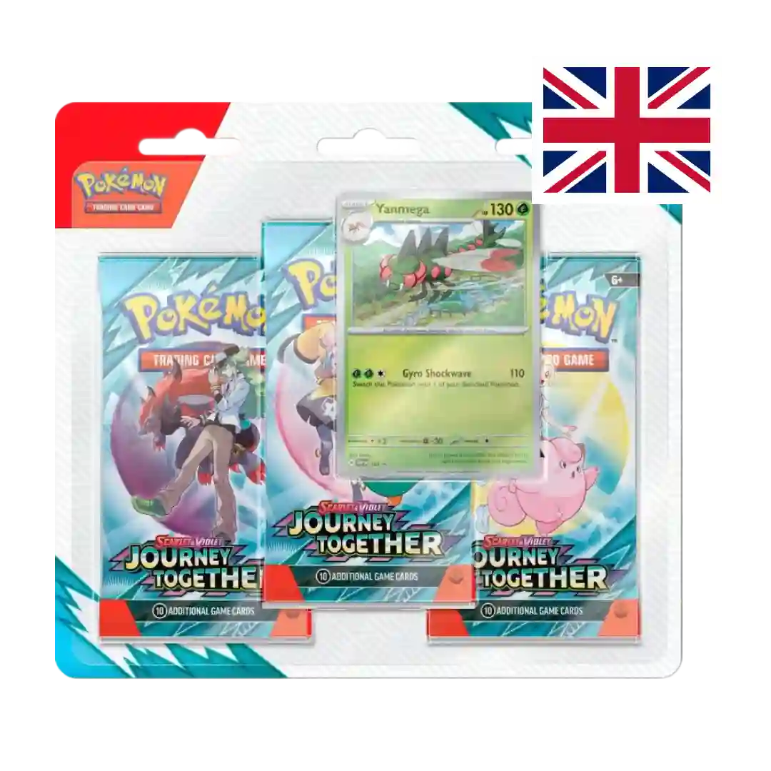 Pokémon TCG Scarlet & Violet – Journey Together 3-Pack Blister (UK Version) featuring a Yanmega promo card. The packaging includes three booster packs and a promotional card.