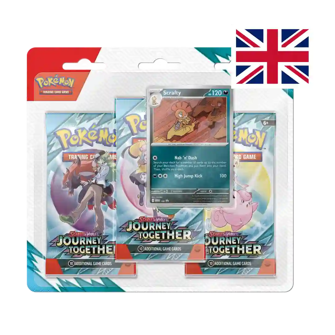 Pokémon TCG Scarlet & Violet – Journey Together 3-Pack Blister (UK Version) featuring a Scrafty promo card. The packaging includes three booster packs and a promotional card.
