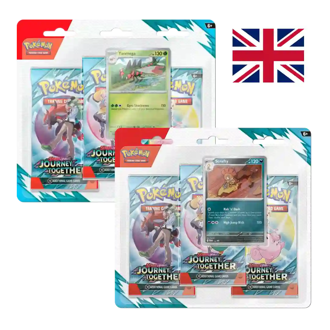 Two Pokémon TCG Scarlet & Violet – Journey Together 3-Pack Blister packs (UK Version), one featuring a Yanmega promo card and the other featuring a Scrafty promo card. Each pack contains three booster packs and a promotional card.