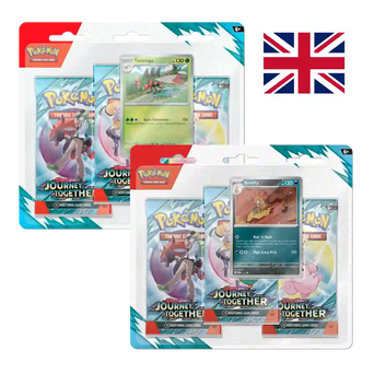 Two Pokémon TCG Scarlet & Violet – Journey Together 3-Pack Blister packs (UK Version), one featuring a Yanmega promo card and the other featuring a Scrafty promo card. Each pack contains three booster packs and a promotional card.