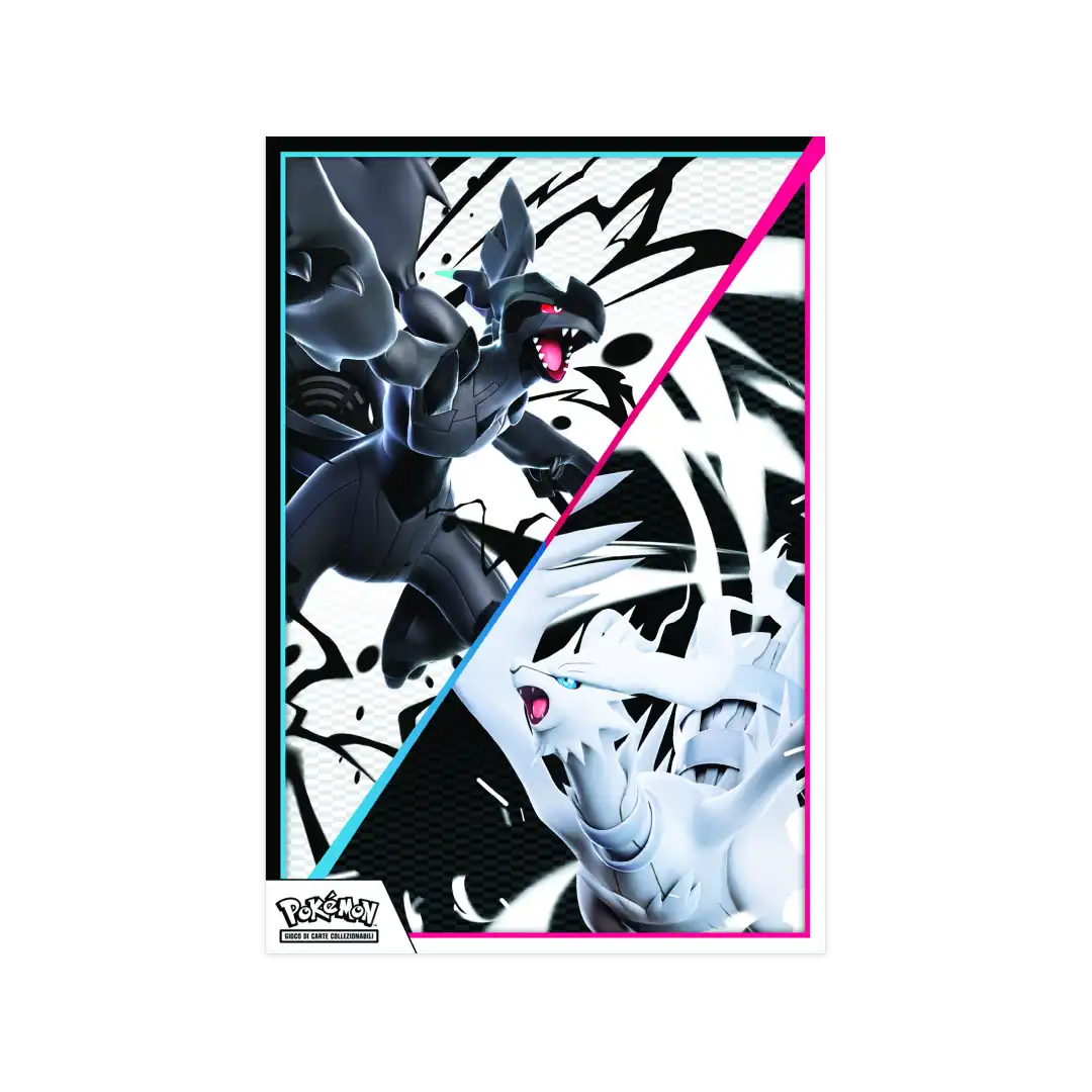 Pokémon poster Reshiram vs Zekrom artwork bianco e nero stile monocromatico Luce Nera Fuoco Bianco