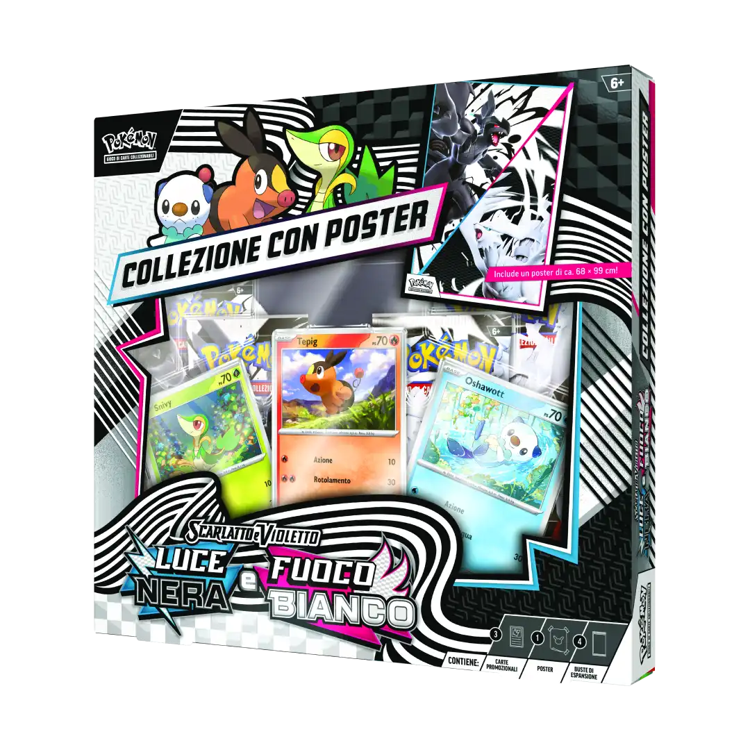 Pokémon Collezione con Poster Luce Nera e Fuoco Bianco confezione laterale con logo Scarlatto Violetto