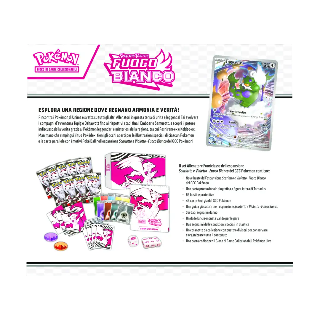 Retro confezione Set Allenatore Fuoriclasse Pokémon Fuoco Bianco con elenco contenuti e immagini accessori.