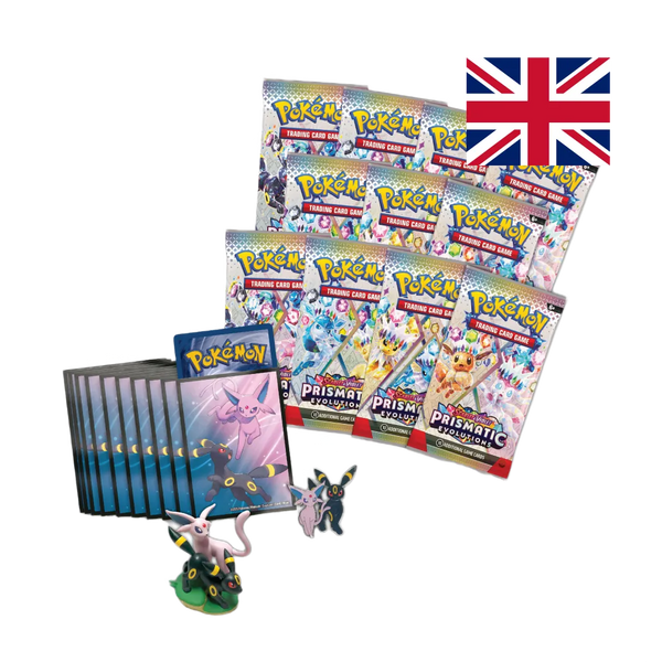 Pokemon TCG Prismatic Evolutions Premium Figure Collection contenuto completo con 11 booster pack bustine Espeon Umbreon e figure display