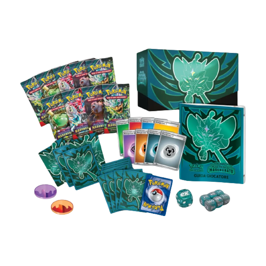 Accessori, bustine protettive, carte collezzionabili e regolamento Pokémon del set Crepucolo Mascherato Scarlatto e Violetto