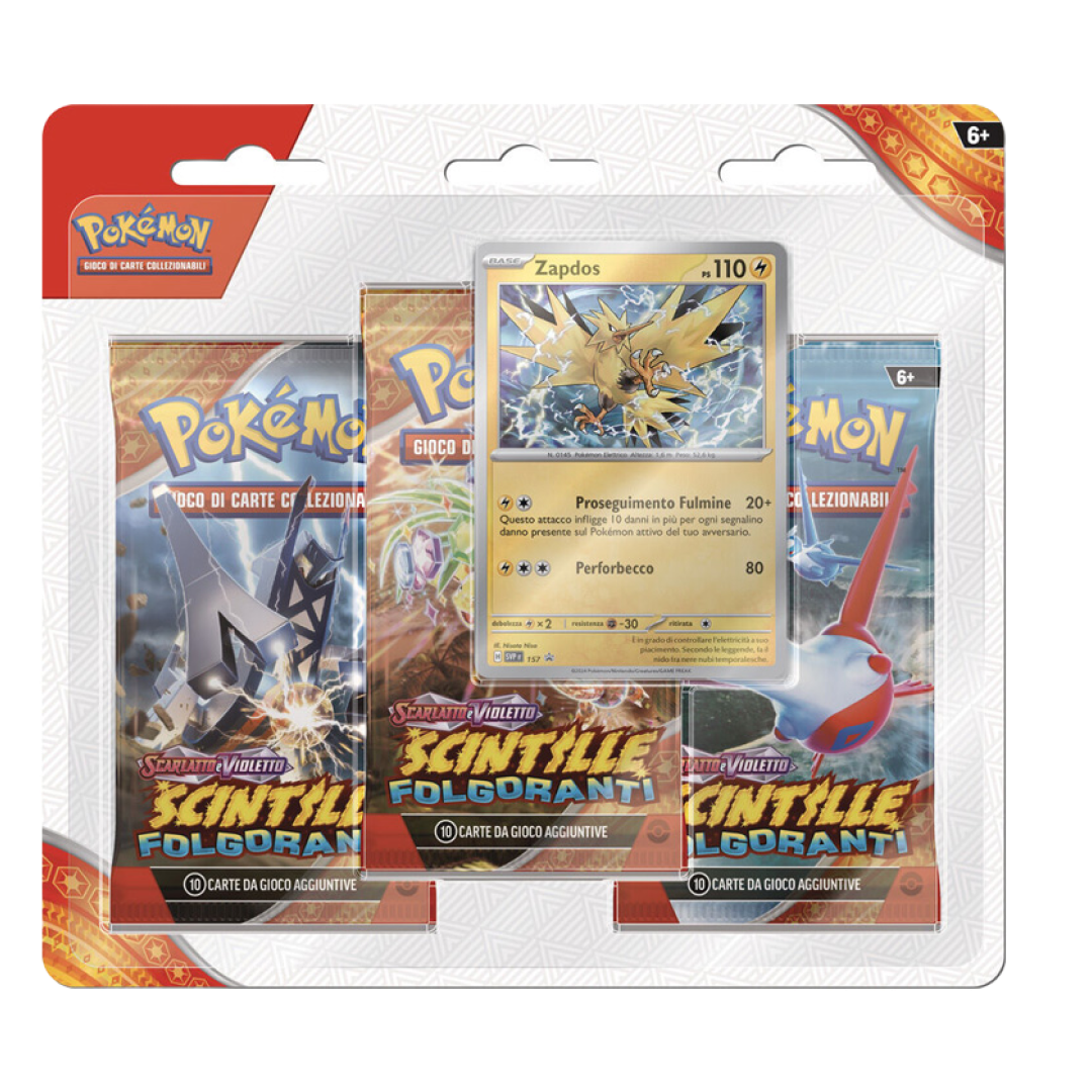 Blister Pokémon Scarlatto e Violetto Scintille Folgoranti 3 Pack con carta promozionale di Zapdos e tre buste booster.