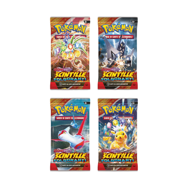 Buste Pokémon Scarlatto e Violetto Scintille Folgoranti con artwork di Pikachu, Latias, Archaludon e Exeggutor di Alola