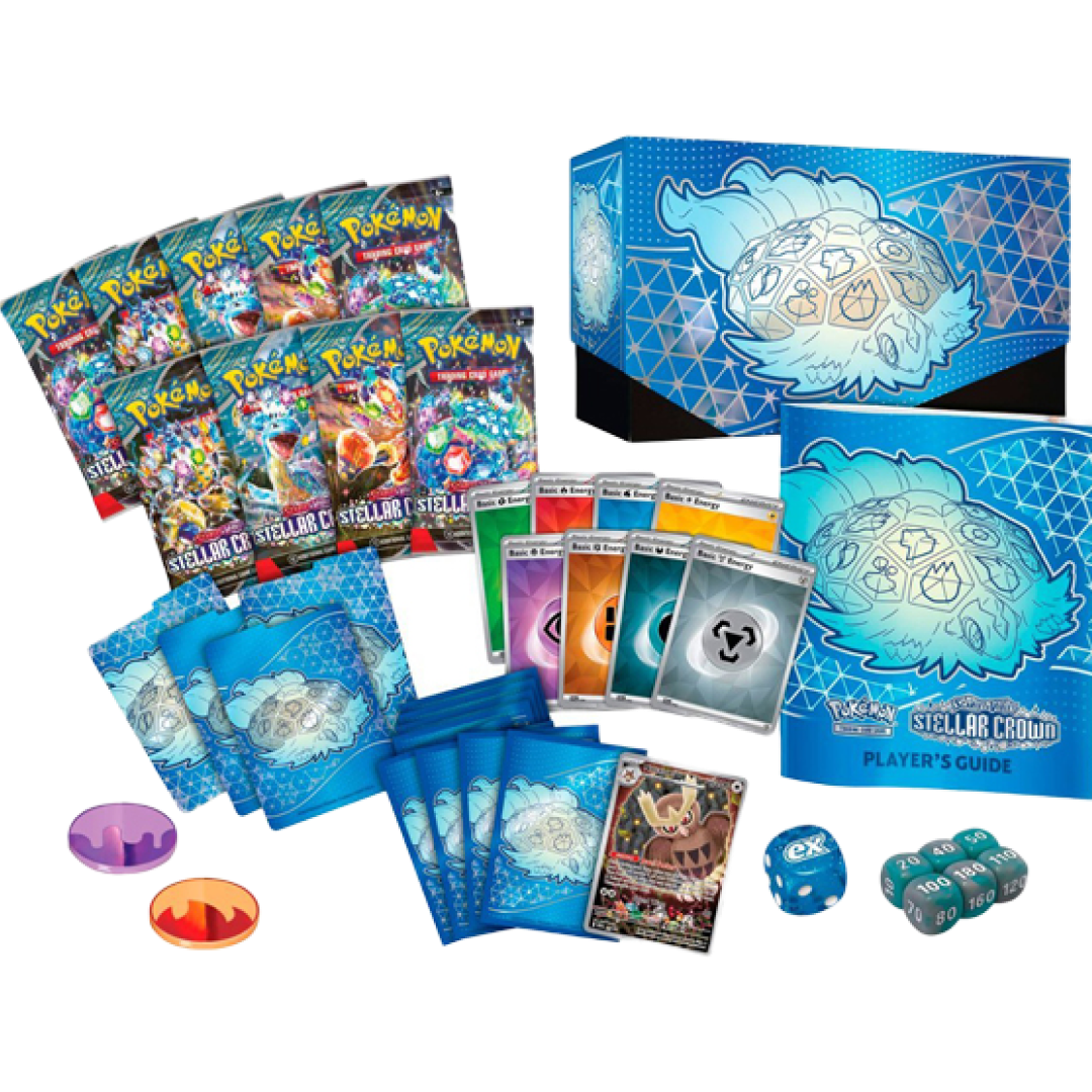 Set Allenatore Fuoriclasse Pokémon Scarlatto e Violetto Corona Astrale con buste booster, dadi, carte energia e guida del giocatore
