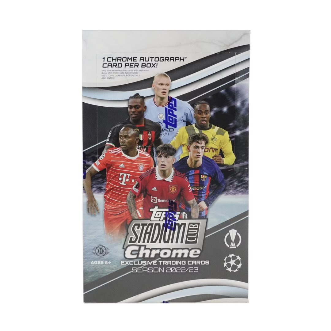 Pacchetto del Topps Stadium Club Chrome 2022-23 Blaster Box con immagini di giocatori di calcio