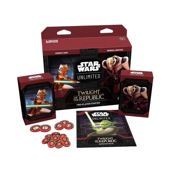 Twilight of the Republic Starter Deck di Star Wars Unlimited TCG, che include due mazzi con Ahsoka Tano e Generale Grievous, segnalini, guida introduttiva con Yoda, e altri materiali di gioco