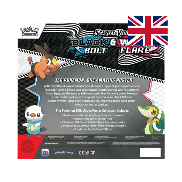 Back of Pokémon TCG Scarlet & Violet—Black Bolt & White Flare Unova Poster Collection (EN), contents list and approx. 27"×39" double-sided poster details.