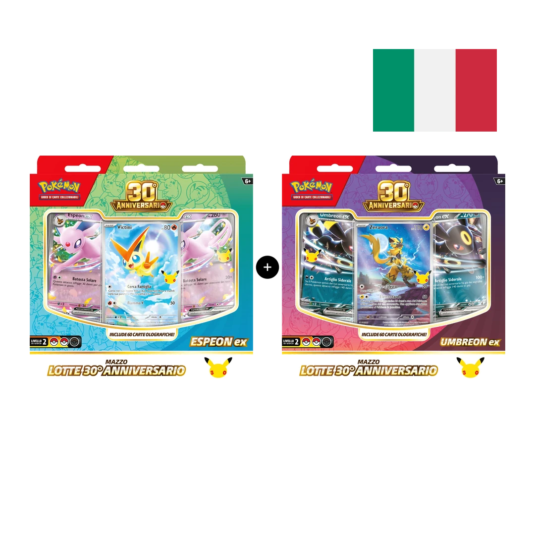 Bundle 2 Mazzi Lotte Espeon-ex + Umbreon-ex 30° Anniversario Pokémon TCG (ITA): 120 carte tutte olografiche