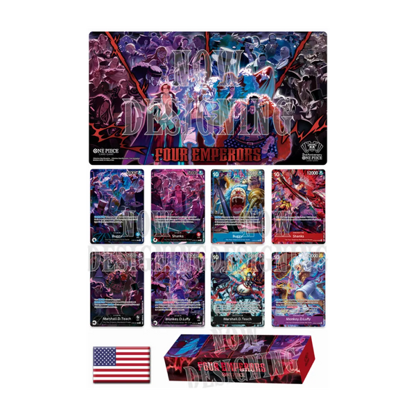 Set di One Piece Card Game con le carte promozionali raffiguranti i quattro imperatori