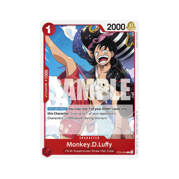 Carta Monkey D. Luffy ST23 Red del gioco di carte One Piece TCG, con abilità speciale per indebolire i personaggi avversari.
