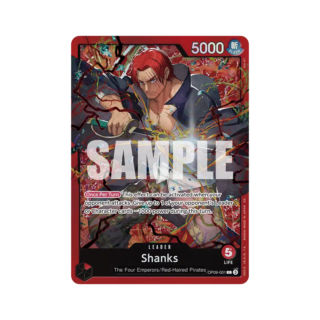 Carta Leader Shanks ST23 Red, personaggio dei Quattro Imperatori con abilità speciale che riduce la potenza degli avversari.