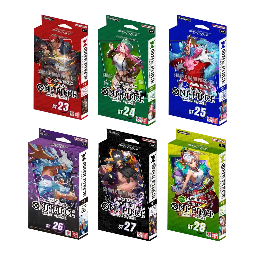 Set completo di Starter Decks ST23-ST28 del gioco di carte One Piece TCG, con mazzi dedicati a Shanks, Jewelry Bonney, Buggy, Monkey D. Luffy, Marshall D. Teach e Yamato, ideali per ogni stile di gioco.