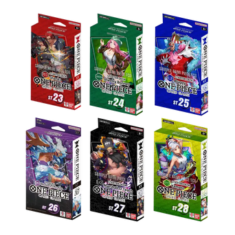 Set completo di Starter Decks ST23-ST28 del gioco di carte One Piece TCG, con mazzi dedicati a Shanks, Jewelry Bonney, Buggy, Monkey D. Luffy, Marshall D. Teach e Yamato, ideali per ogni stile di gioco.